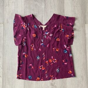 Rebecca Taylor Plum Floral Split-Neck Flutter Sleeve Top